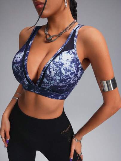 Innovista Women's Abstract Design Printing Brushed & Ruching Throughout Sports Bra With Logo,Push Up Bra,Workout Tank Tops,Hollow Out Tops,High Elastic,Push Up Bra,Party,Going Out Tops,Festival