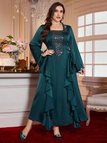 Al Najma 全新时尚方领长袖刺绣亮片侧系腰修身连衣裙 - 墨綠色 - 查看 4