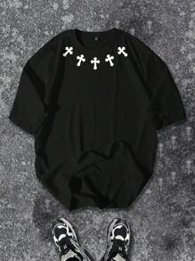 Manfinity LEGND Camiseta casual de cuello redondo con estampado de cruz para hombres