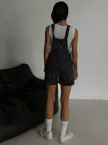 DAZY 女士牛仔豹纹背带短裤，简约时尚休闲连体裤，适合日常穿着 - 咖啡棕 - 查看 4