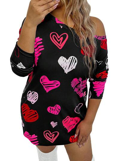 SHEIN LUNE 1pc Women Plus Size Valentine's Day Hand-Painted Heart Styled Casual Asymmetrical Neck Long Sleeve Tee Heart Valentine Rose Boho Cowgirl Old Money Festival Bohemian Western Wear Women Hippie Summer Boho Old Money