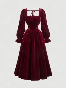SHEIN MOD Women's Solid Color Lace-Up Long Sleeve Simple Ruched Long Dress,New Years Eve Outfit,Elegant Women Dresses,Party Women Outfits,Red Women Dresses,Red Formal Dress,Holiday Women Outfits,Red Long Dress,Valentine Day,Vintage Clothes Women