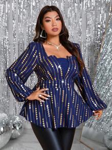 Allurite Plus Size Silver Foil Fabric Cut-Out Detail Waisted A-Line Long Sleeve Shirt Peplum Top - Multicolor - View 3