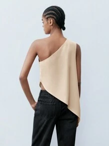 Maija Women's Apricot Asymmetrical Cut Pleated Sleeveless Casual Top, Business Casual Office Wear, Off Shoulder Blouse
