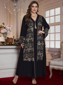 Al Najma Traditional Luxury Elegant Long Sleeve Embroidered Robe Kaftan Jalabiya Dress - Black - View 4