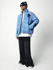 ROMWE MEN Street Life Men's Cross Embroidered Winter Jacket, For Fall - Baby Blue - View 2