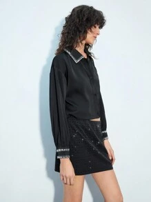 Maija Blusa corta de mujer de otoño de un solo pecho adornada con cristales, vestimenta de moda para el Día de San Valentín y festivales