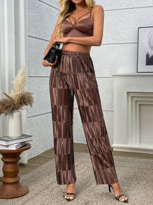 SHEIN Clasi Women's Fashion Textured Elastic Waist Pants For Commuting Fall Cloth For Women - Coffee Brown - View 1