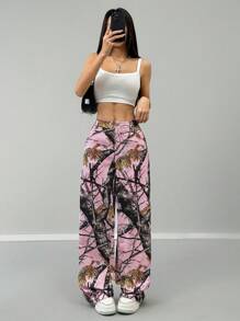 SHEIN EZwear Pantalones de pierna ancha de mujer casuales con estampado de ramas de árbol tejidos