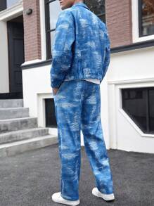 Manfinity Homme Men's Casual Versatile INS Blue Impression Water Wave Print Zip-Up Collared Jacket & Pants Set. Men Clothes,Men Two Piece Outfits