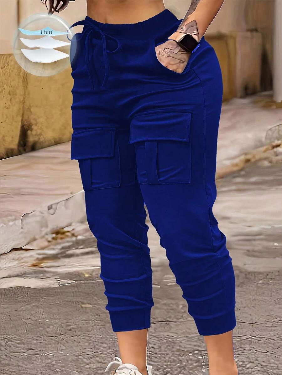 EMERY ROSE Solid Color Drawstring Waist Pocketed Casual Harem Pants Fall Cloth For Women - Royal Blue - View 1