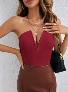 SHEIN PETITE Women's Solid Color Bandeau Bodysuit, Slim Fit Casual Holiday Outfit - Burgundy - View 4