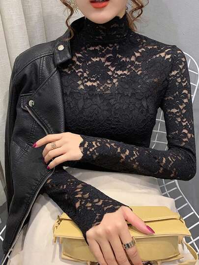 INAWLY 女士花卉蕾丝长袖修身时尚优雅衬衫