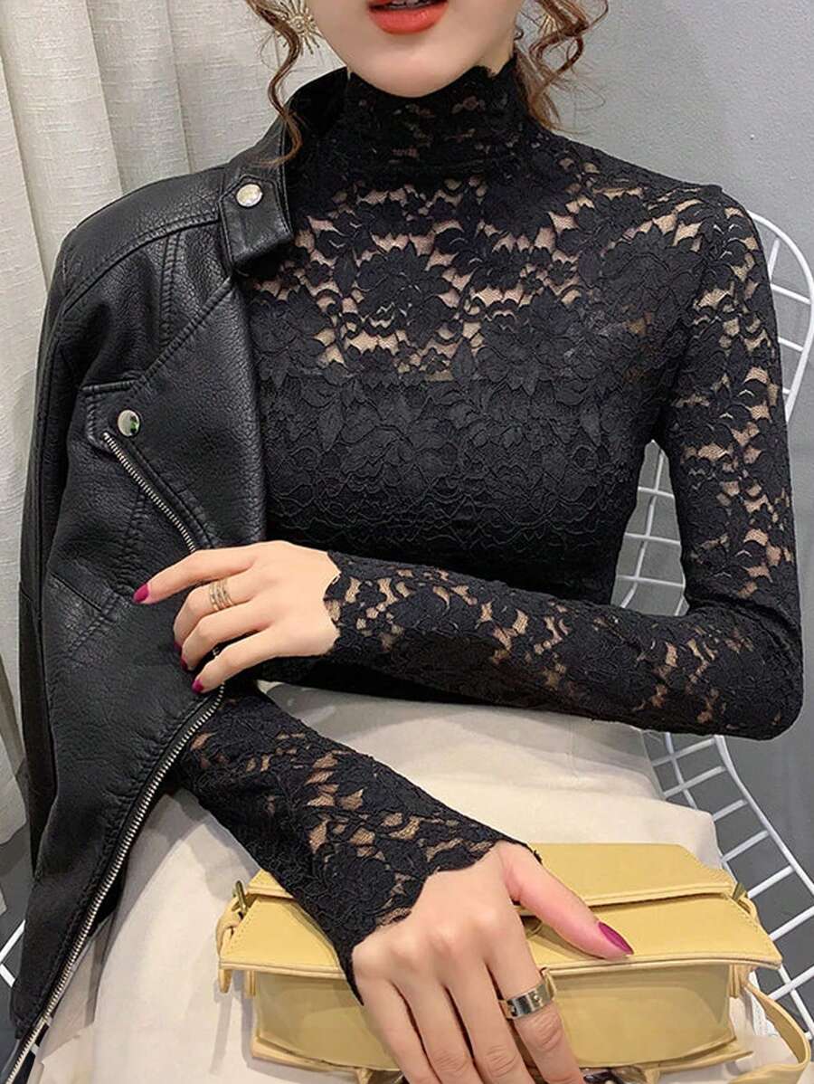 INAWLY 女士花卉蕾丝长袖修身时尚优雅衬衫 - 黑色 - 查看 1