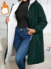 Plus Size Front Zipper Long Sleeve Pocket Minimalist Hooded Winter Clothes Jacket