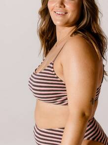 Aralina Plus Size Curve Contrast Striped Scoop Neck Crop Cute Bikini Set High Waisted Tummy Control Bottoms Bikini Set For Vacation Or Spa Day - Pink - View 6