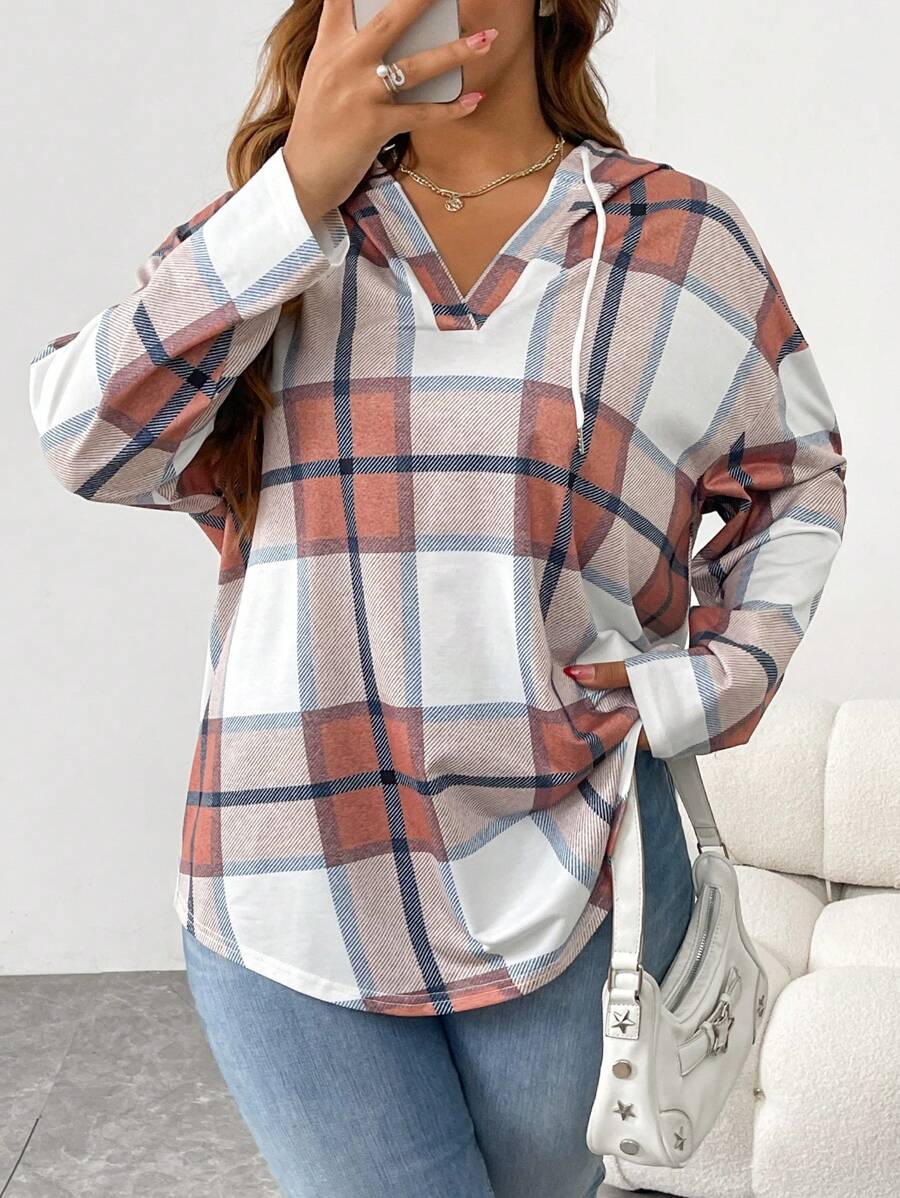 INAWLY 女士加大码格子落肩长袖抽绳连帽运动衫，秋季休闲款