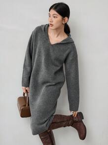 Dazy-Less 女士宽松纯色连帽中长款直筒针织毛衣连衣裙，秋季服装