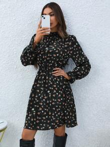 Chiquease Women's Floral Print Stand Collar Long Sleeve A-Line Dress With Frill Trim Fall Cloth For Women - Black - View 4