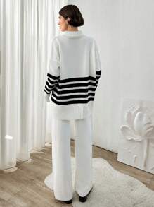 EURMUSE Women High Neck Striped Loose Fit Sweater - White - View 2