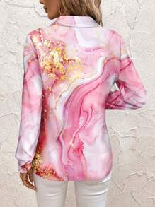 SHEIN Clasi Pink Marble & Gold Foil Print Lapel Blouse For Women,Valentine's Day - Pink - View 3
