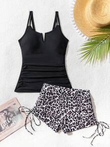 Swim Lushoire 2pcs/Set V-Neck Ruched Top With Adjustable Straps And Leopard Print Drawstring Shorts Tankini Set Summer - Multicolor - View 5