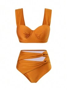 Conjunto de bikini de cintura alta con taza de acero de unicolor y torsión para mujer, para el verano