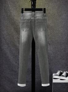 SHEIN Tween Boy' Front Button Pocket Distressed Casual Denim Jeans - Grey - View 2