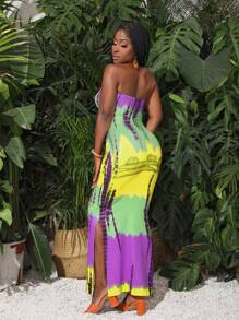 Slaydiva Vacation Tie Dye Bodycon Split Hem Tube Summer Dress - Purple - View 2