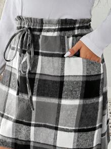 SHEIN LUNE Plus Size Women Halloween Coffee Brown Elastic Waist Fashionable Skirt Comfortable Cotton Vacation Outfits Woman Spring Plaid Skirt