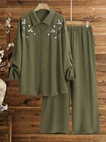 Lacomfia Plus Size Embroidery Loose Long Sleeve Lapel Shirt And High Waisted Wide Leg Straight Pants 2 Pieces Suit Set