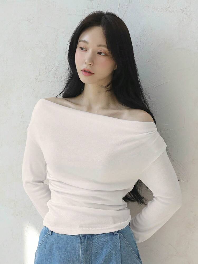 1pc Women's Fitted Solid Color Off-Shoulder Elegant T-Shirt Long Sleeve Women Tops,Fall Women Clothes