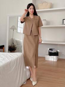 DAZY Simple Color Loose Blazer And High Slit Skirt Women Suit Set Business Attire