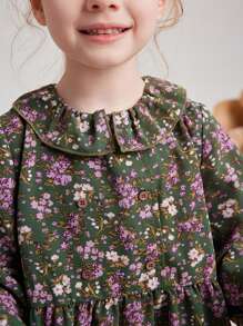 PrepCrw Young Girls Cute Floral Printed Collared A-Line Waisted Dress With Ruffle Hem, Suitable For Spring And Autumn - Multicolor - View 6