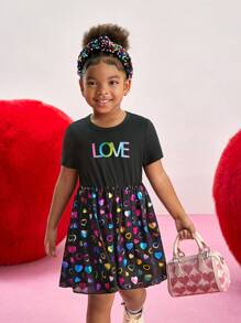 Young Girl Black Valentine's Day Short Sleeve Patchwork Holographic Heart Mesh Overlay Dress, Displaying A Fashionable Energetic Design, Suitable For Valentine's Day, Outings, Gatherings, School, And All Seasons - Multicolor - View 5