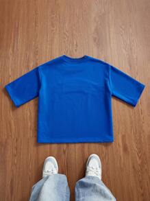 Manfinity VCAY Camiseta de manga corta de punto para hombre, con ajuste holgado, estilo casual y gráfica bordada en inglés - Azul - Ver 2