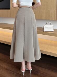 DAZY Women's Pleated Long Elegant Plaid A-Line Skirt - Khaki - View 5