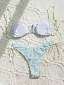 SHEIN Swim Summer Women's Vacation Jacquard Ruched Sexy Bikini Set