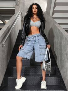 SHEIN EZwear 女士简约前扣口袋牛仔短裤，休闲日常穿着 - 藍色 - 查看 1