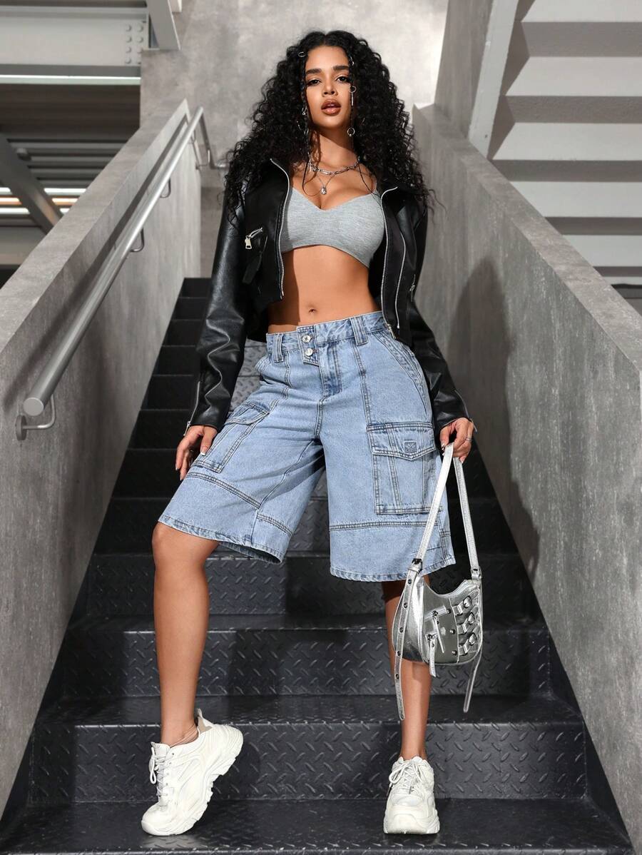 SHEIN EZwear 女士简约前扣口袋牛仔短裤，休闲日常穿着 - 藍色 - 查看 1