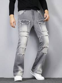 Manfinity Roughcore جينز كاجوال بتصميم أطراف مبللة مع جيوب للرجال - رمادي - مشاهدة 4