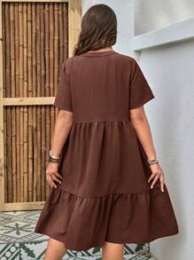 EMERY ROSE Plus Size Women Solid Color V-Neck Short Sleeve Single-Breasted Ruffle Hem Casual Dress,Vacation Outfits Woman,Boho For Women,Summer Outfits For Women/Summer