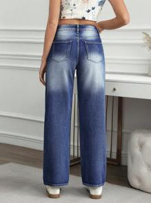 SHEIN LUNE Jeans sencillos de mujer con bolsillos y botones delanteros, casuales para uso diario - Azul - Ver 5