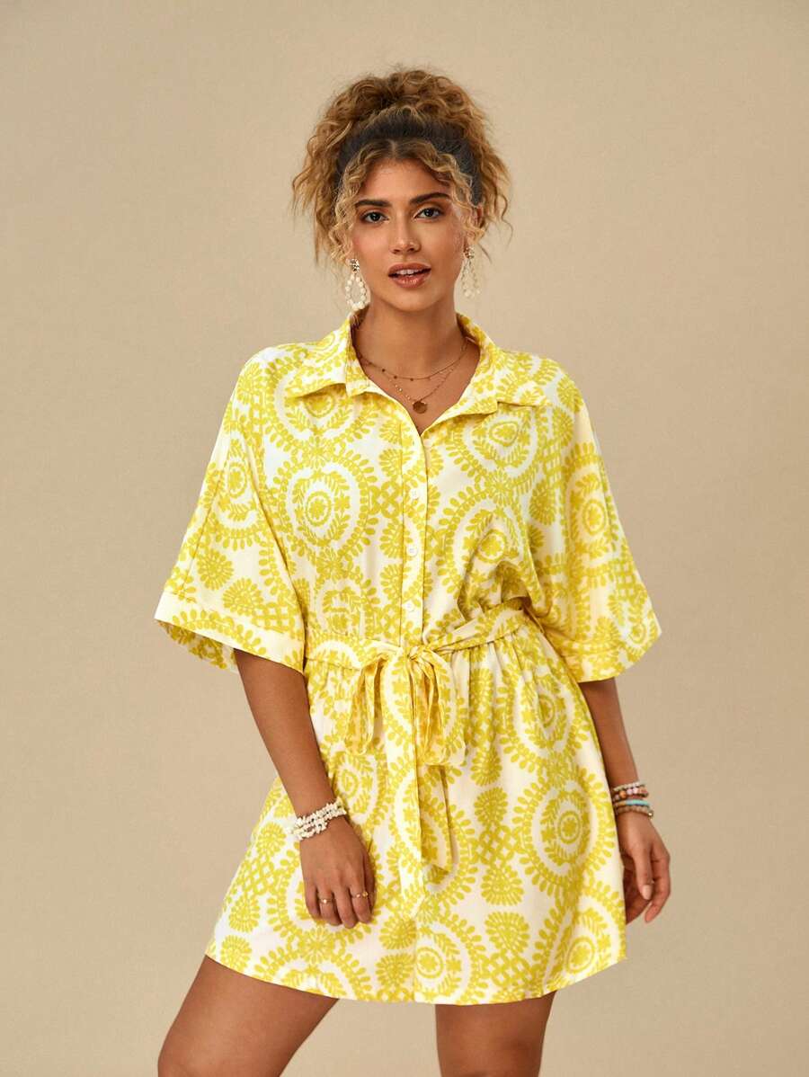 Travachic 全體植物印花垂墜肩帶腰帶襯衫連體褲 - 芥末黃 - 查看 1