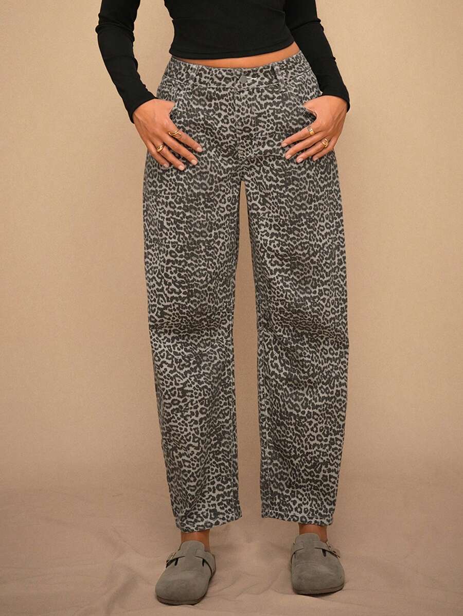 Forever 21 冬季新款低腰茧型豹纹牛仔裤长裤新年女装冬装女士打底裤宽松牛仔裤 - 彩色 - 查看 1