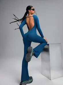 Innovista Damen Langarm sexy rückenfrei figurbetonter Jumpsuit mit weitem Bein, schwarzer Jumpsuit Workout, Jumpsuit für Frauen, Jumpsuit, Tennis Damen Outfits, Bauchformende & Po-hebende Jumpsuit-Shorts, Yoga, Gym, Motorrad, Spandex, Herbst-Winter-Bekleidung, Pilates, Outdoor Yoga