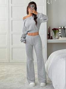 SHEIN EZwear 2pcs/Set Women Grey Asymmetrical Shoulder Sweatshirt & Flared Sweatpants - Light Grey - View 1