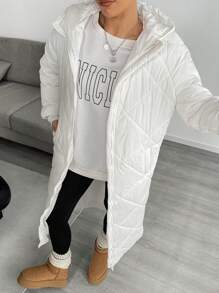 SHEIN EZwear White Woven Hooded Long Sleeve Zip-Up Long Winter Jacket For Women - White - View 1