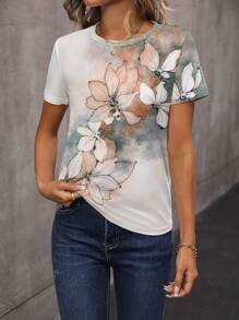 INAWLY تي شيرت نسائي بطبعة زهرية رقمية ذو رقبة دائرية وأكمام قصيرة، كاجوال ومريح - متعدد الألوان - مشاهدة 4