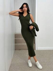 SHEIN Tall Women's Solid Color Crew Neck Long Sleeve Blouse And Dress 2pcs Set - Green - View 5